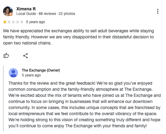 Screenshot 2025 04 02 at 4.37.41 PM / How to Respond to Online Reviews 5 / Beyond Blue Media a screenshot of a 1 star review left for the exchange
